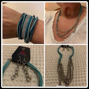 Blue suede silver chain necklace earring bracelet